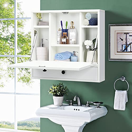 COSTWAY Wall-mounted Computer Desk, Floating Desk with Storage Drawer & Shelves, Fold-up Desktop & Pneumatic Springs, Ideal for Home, Office, Dormitory, Small Spaces (White) COSTWAY