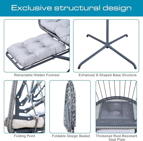 Hanging Egg Chair with Leg Rest and Stand – Rattan Wicker Swing Hammock Chair, UV-Resistant Cushion, Heavy-Duty Frame for Indoor & Outdoor Patio, Bedroom, Balcony, Garden – 330 lbs Capacity(Grey) Outlux