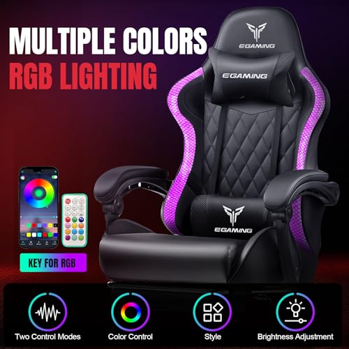 EXRACING Gaming Chair with Footrest Ergonomic High-Back PU Leather Computer Chair with RGB LED Lights Linkage Armrests Lumbar Support and Headrest 150°Reclining Diamond Quilted Office Chair for Adults EXRACING