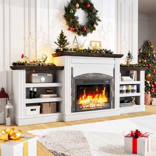 Frmobepts 72" Electric Fireplace TV Stand, Electric Fireplace with Mantel, Modern Entertainment Center with Storage, Realistic Stacked Stone Surround for Living Room Frmobepts