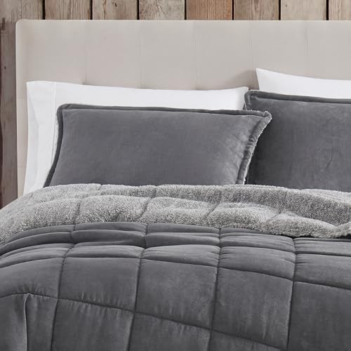 Eddie Bauer - Queen Comforter Set, Microsuede Bedding with Soft Sherpa Reverse, 3 Piece Bed Set with Matching Pillowcases (Sherwood Grey) Eddie Bauer