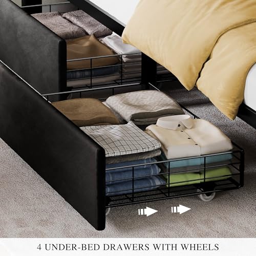 YITAHOME King Size Bed Frame with 4 Drawers and RGB LED Lights, Velvet Upholstered Platform Bed with Charging Station and Storage Headboard, No Box Spring Needed, Easy Assembly, Noise-Free, Black YITAHOME