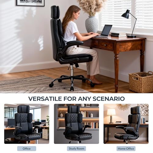 Office Chair with Adjustable Headrest, Faux Leather Executive Home Office Desk Chairs with Ergonomic Back Support, Padded Flip-Up Armrests, Swivel Rolling Computer Chair for Work, Study, Black ACFOUL