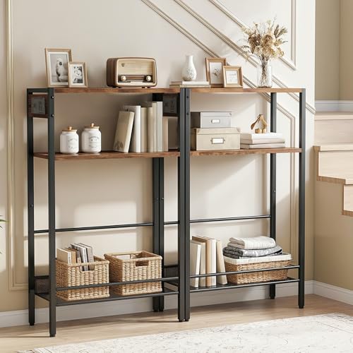 HOOBRO 15.7" Narrow Console Table with Charging Station, 3 Tier Entryway Table for Small Space, Behind Couch Table, Sofa Table, for Entryway, Hallway, Living Room, Rustic Brown and Black BF42UXG01 HOOBRO