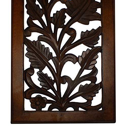 Benjara Mango Wood Wall Panel Hand Crafted with Leaves and Scroll Work Motif, Brown, Rectangle Benzara
