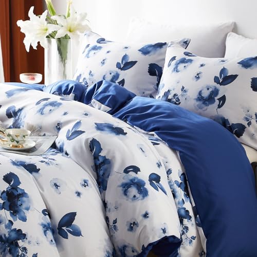 Cupocupa Queen Duvet Cover Set - 3pc Blue Floral Art Deco Bedding - Soft Botanical Print Polyester Duvet Cover with 2 Pillowcases - All Season Reversible Comforter Cover (Queen, Blue Floral) Cupocupa