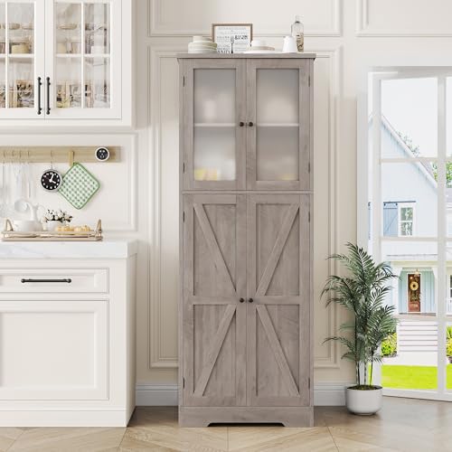 BOTLOG Farmhouse Bathroom Storage Cabinet, 67'' Tall Storage Cabinet with Barn Doors and Shelves, Kitchen Pantry Cabinet for Living Room, Dining Room, Rustic Grey BOTLOG