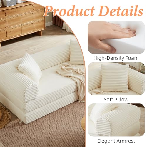 78 Inch Convertible Futon Sofa Bed,Folding Boneless Couch with Sleeper Sofa,Fold Out Floor Sofa Couch with Deep Seat,Cloud Corduroy Foldable Mattress Couches for Living Room(Off White) ZKJOLMN