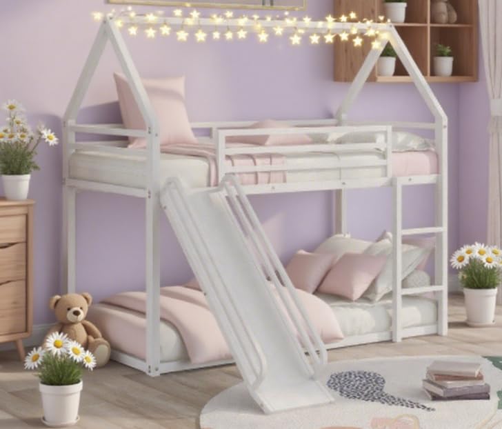 Bellemave Metal Bunk beds Twin Over Twin Size, Twin bunk beds with Slide and Ladder for Kids, Floor bunk Bed, House bunk Bed for Kids,White Bellemave