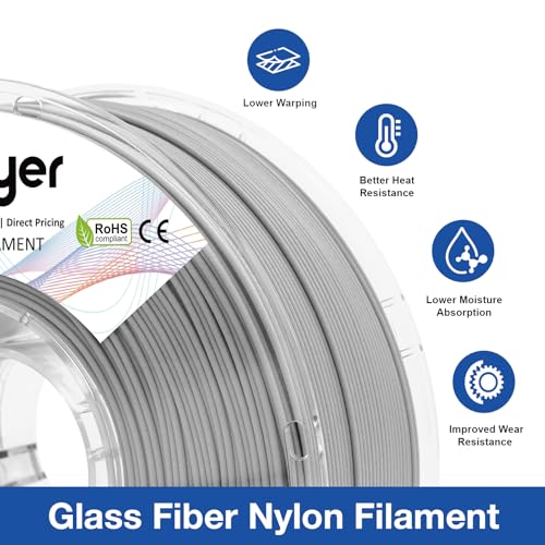 Nylon Glass Filled Filament Grey Nylon Glass Fiber 1.75mm PA GF 3D Printer Filament PA6-GF 1kg with Reusable PC Spool yxpolyer