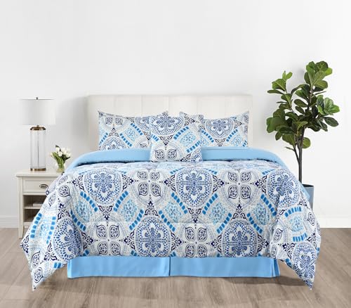 LUX Décor Reversible 5pc King Comforter Set, Printed Bedding Set, All-in-One Bed in a Bag, Includes 1 Comforter, 2 Pillow Shams, 1 Decorative Pillow & 1 Bed Skirt (Aztec Sky,King) LDC LUX DECOR COLLECTION