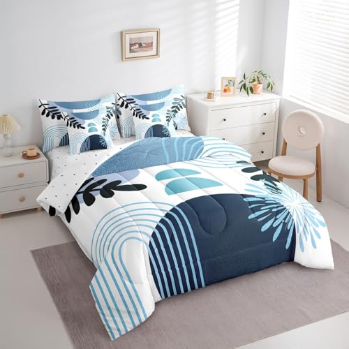 Boho Mid Century Bed in a Bag King Size Comforter Set 7 Pieces Abstract Geometric Modern Minimalist Bedding Sets,Geometric Line Art Sheet Set Circle Graphic Ombre Stripes Room Decor,Teal Blue Erosebridal