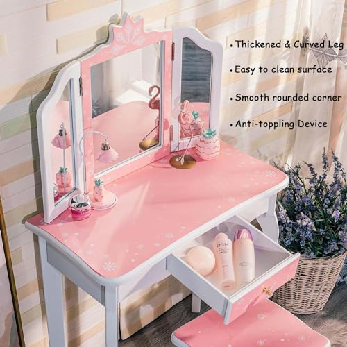 GAOMON Kids Vanity, Girls Vanity Table with Tri-Folding Mirror,Stool & Drawer, 2 in 1 Wooden Princess Makeup Desk Dressing Table, Toddler GAOMON