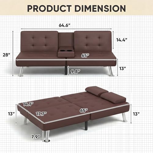 YESHOMY Modern Futon Sofa Bed, Convertible Futon Couch with Adjustable Backrest, Futon Loveseat Sleeper Sofa Bed with Armrest for Living Room, Small Spaces,PU Leather, Brown YESHOMY