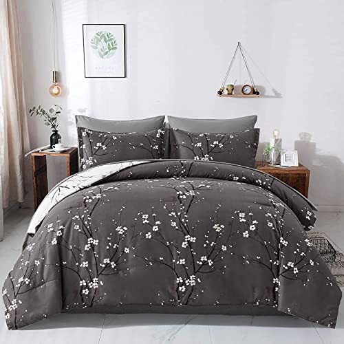 WONGS BEDDING 7 Pieces Comforter Set Full, Floral Bed in a Bag Comforter Reversible Flower Plum Bedding Set Full Size(1 Comforter,2 Pillowcase,2 Pillow Shames,1 Flat Sheet,1 Fitted Sheet) WONGS BEDDING