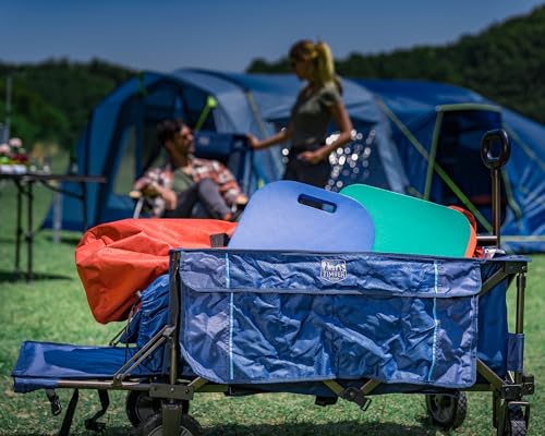 TIMBER RIDGE Tailgate Collapsible Folding Wagon Cart, Heavy Duty Utility Push Pull Beach Wagon Foldable, Outdoor Grocery Cart with Side Pockets for Camping, Garden, Shopping, Holds 225 lbs, Blue TIMBER RIDGE