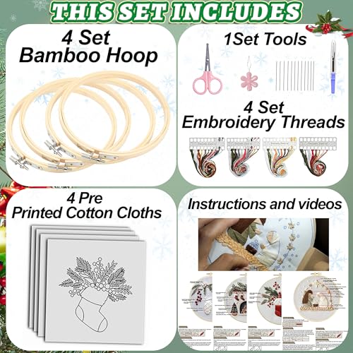 QBQBQ 4 Sets Christmas Embroidery Kits for Adults, Embroidery Kit for Beginners, Cross Stitch Kits for Beginners with Pattern, Needles, Threads, Tools (Christmas Kits B)