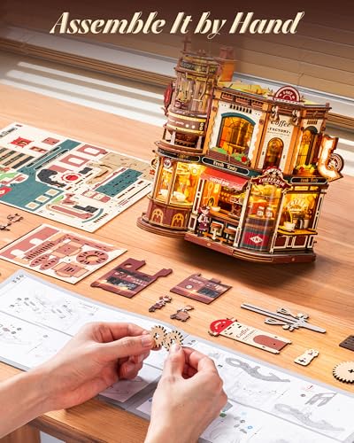 ROKR Dream Coffee Factory, Wooden Music Box Model, Mechanical 3D Wooden Puzzles for Adults, Building Kit with Moving LED Lights, Miniature House Kits, Desk Decor Gift