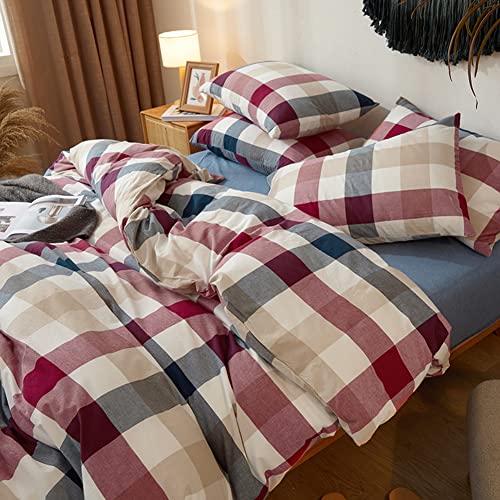 DONEUS 100% Washed Cotton Duvet Cover Set Super Soft Breathable Comfy Natural Linen Like Textured Bedding Set 3 Pieces with 2 Pillow Shams (Blue Red Plaid, Queen) DONEUS