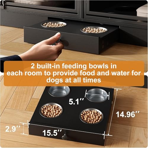 GAOMON Dog Crate Furniture for 2 Dogs, 78.7'' Large Dog Kennel Indoor with 4 Storage Drawers and Feeding Bowls, Double Dog Crate TV Stand for Small and Medium Dogs, Black GAOMON