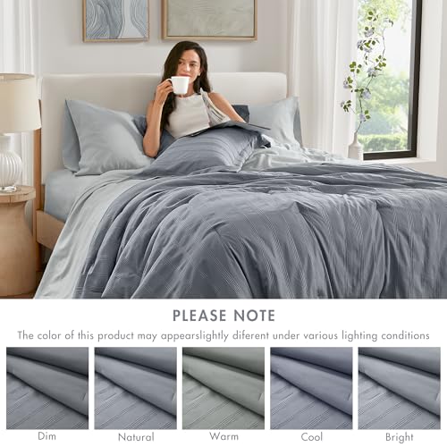 Madison Park Essentials Striped Comforter Set King, 7 Pieces Modern Minimalist Jacquard Bedding Set for All Season, Bed in A Bag with Sheet Set and Soft Brushed Reverse, Lightweight Blue/Grey Madison Park Essentials