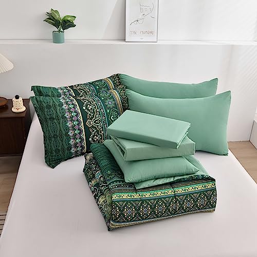 Boho Green Comforter Set Queen Size,8 Piece Bed in a Bag Bohemian Striped Bedding Quilt Set,Dark green Paisley Floral Comforter and Sheet Set,Soft Microfiber Complete Bedding Sets for All Season Cottolester