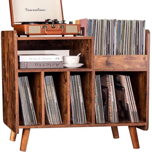 UODERS Record Player Stand, Large Record Player Table Cabinet with Open Vinyl Storage and Display Shelf Holds up to 350 Albums, Mid Century Wood Turntable for Living Room, Bedroom (Brown) UODERS