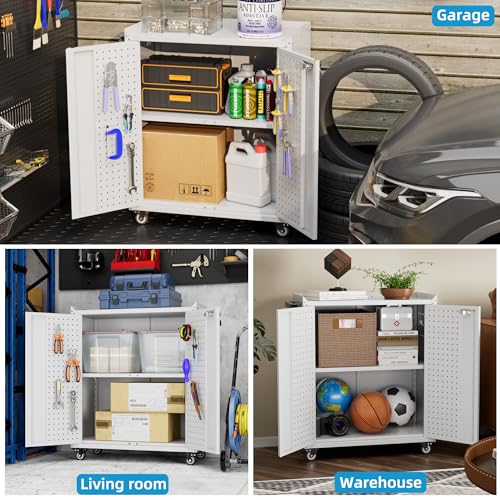 Aobabo Metal Garage Storage Cabinet on Wheels,2 Doors Storage Cabinet with Wheels for Garage,Assembly Required,White Aobabo