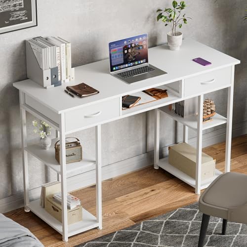 Sweetcrispy Computer Desk - 48 Inch Home Office Bedroom Writing Study PC Table with Fabric Drawers Storage Shelves Space Side Bag Headphone Hook Metal Frame Adjustable Feet, White Sweetcrispy