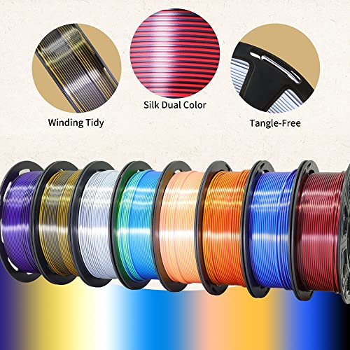 8 Spools Dual Color Silk PLA 3D Printer Filament Bundle, Silk White/Black, Red/Black, Gold/Black, Purple/Black, Purple/Blue, Red/Gold, Green/Blue, Yellow/Pink, 1.75mm Bicolor Silk PLA 250gX8 MKOEM