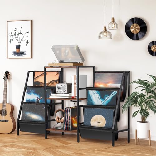 SUPER DEAL Record Player Stand, 3-Tier Turntables Stand with Vinyl Storage and Charging Station, Display Rack Table for Speaker, Amplifier, Storage Up to 280 Albums, Rustic Brown SUPER DEAL
