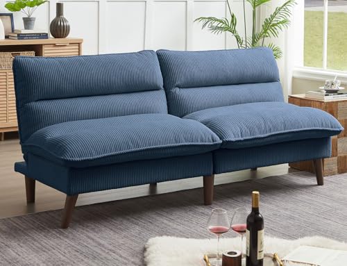 Pingliang Home 72" Futon Sofa Bed, Futon Couch with Adjustable Backrest, Recliner Small Loveseat for Living Room, Office, Apartment, Corduroy Loveseat, Blue Pingliang Home