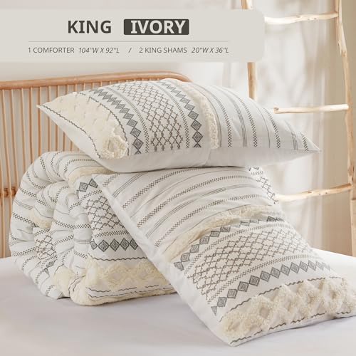 INK+IVY Comforter for King Size Bed, Chenille Tufted, Breathable Cotton Comforter Set King, All Season Modern Boho Comforter with Farmhouse Bedding Flare, 2 Matching Shams, King Ivory 3 Piece INK+IVY