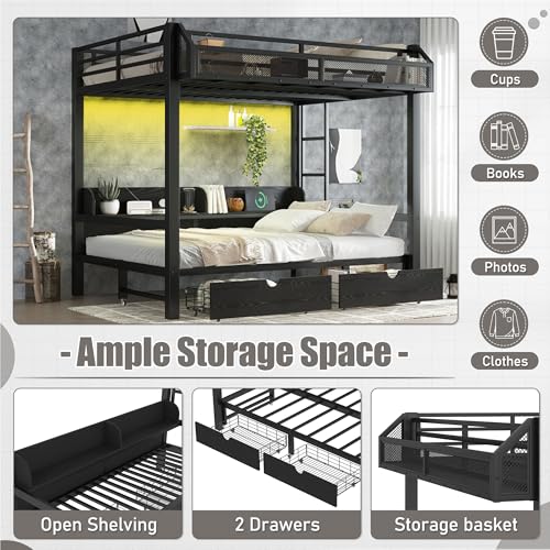 Bellemave Metal Full Over Full Size Bunk Bed Frame with Storage Drawers and Shelves,Heavy Duty Kids Bunk Beds with LED Lights and Charging Station for Teens,Adults,Convertible into a Sofa Bed,Black Bellemave