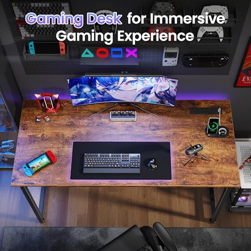 PRAISUN 47 X 20 Inch Office Computer Desk with Power Outlets and USB-C Port, Larger Gaming Desk, for Home Office, Study, Bedroom, Writing Work from Home Table, Metal Frame, Rustic Brown PRAISUN