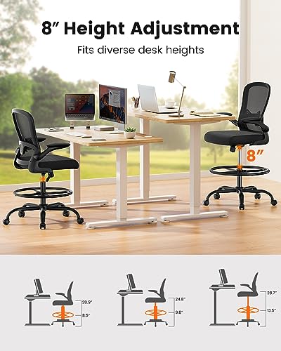 ErGear Drafting Chair, Standing Desk Chair with Flip-Up Armrests, High Desk Chair Adjustable Height, Ergonomic Tall Office Chair with Lumbar Support and Adjustable Footrest Ring ErGear