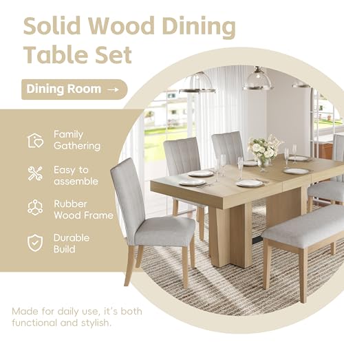 Merax Farmhouse Wooden Dining Set of 6, 78.1 Inch Extendable Kitchen Dining Table, Upholstered 4 Chairs with Backrest, Bench with Cushion, Easy Assemble, Natural Merax