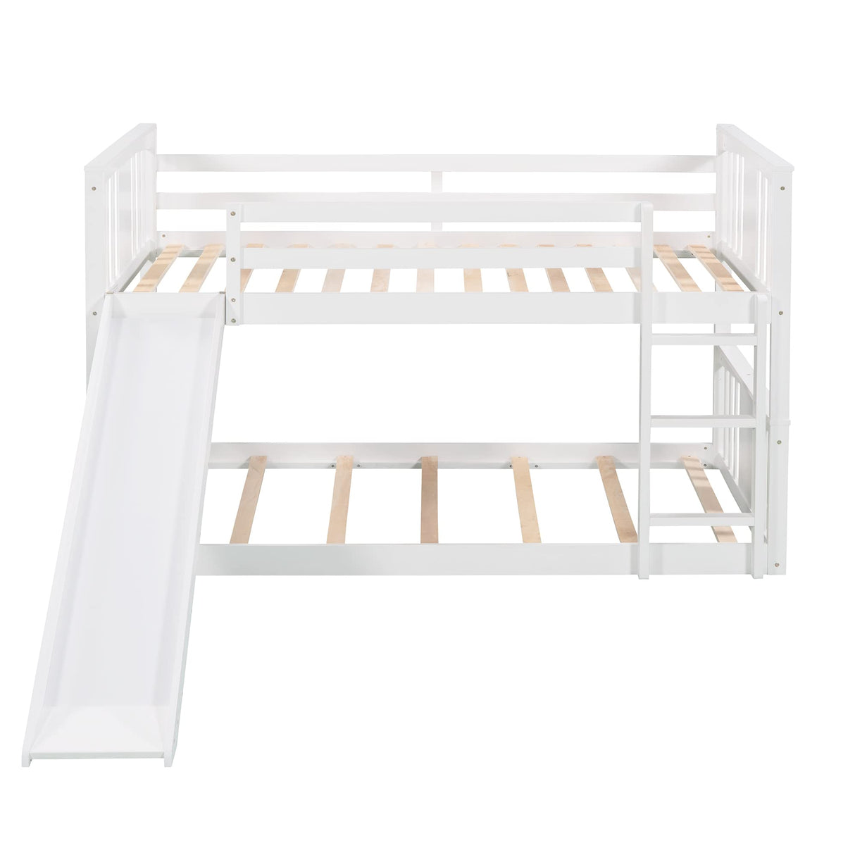 Montessori Floor Bunk Bed Twin Over Twin, Twin Bunk Bed with Slide and Ladder, Kids Bunk Beds with Guardrail Headboard and Footboard, Low Bunk Beds for Kids, Boys, Girls, Twin Bunk Bed White Bellemave