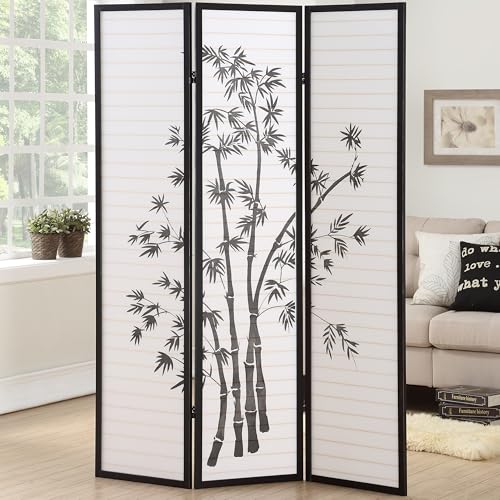 Room Divider Panel Shoji Screen, Japanese 3 Panel Folding Privacy Screen for Room Separation, Wood Wall Divider, Black-Plant Print Generic