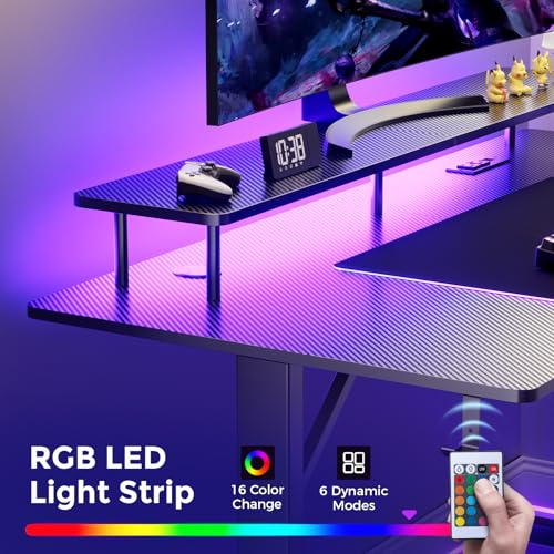 GTPLAYER 55 Inch Gaming Desk with LED Lights & Power Outlet, Computer Gamer Desk with Monitor Stand, Ergonomic Carbon Fiber Gaming Table Home Office Desk with Headphone Hook & Mouse Pad GTPLAYER