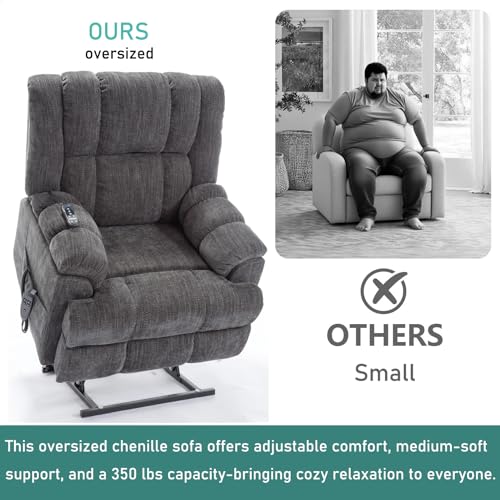 RHHVVR Power Lift Recliner Chair for Elderly, Oversized Chenille Electric Recliners Chairs for Living Room, Dual Motor 180° Lay Flat Recliner Big Sofa with Massage and Heating, Heavy-Duty, Grey RHHVVR