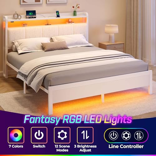 Rolanstar Bed Frame Queen Size with Charging Station and LED Lights, Upholstered Headboard with Storage Shelves, Heavy Duty Metal Slats, No Box Spring Need, Noise Free, Easy Assembly, White Rolanstar
