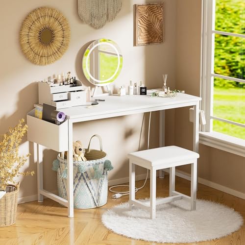 KAI-ROAD White Vanity Table with Lighted Mirror - 47“ White Vanity Desk with Mirror and Lights & Chair, Makeup Vanitys Set with Power Outlet, Dressing Table Vanities for Girls Bedroom KAI-ROAD