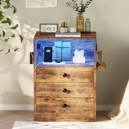 LIKIMIO Nightstand with Charging Station and 3 Drawers, LED Lights End Side Table with Interchangeable sockets and Hooks, Vintage Brown LIKIMIO