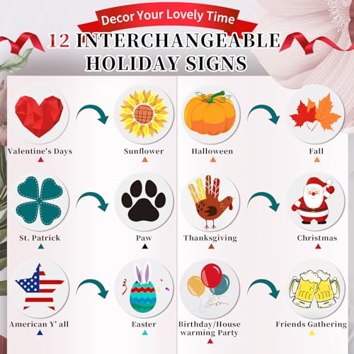 Lotkey Seasonal Welcome Sign for Front Door, 47 x 7.9 Inch Welcome Sign with 12 Wooden Icons (6 Double-sided Disks) Porch Decor for Summer Fall Thanksgiving Christmas Party Outdoor Sign (White) LOTKEY