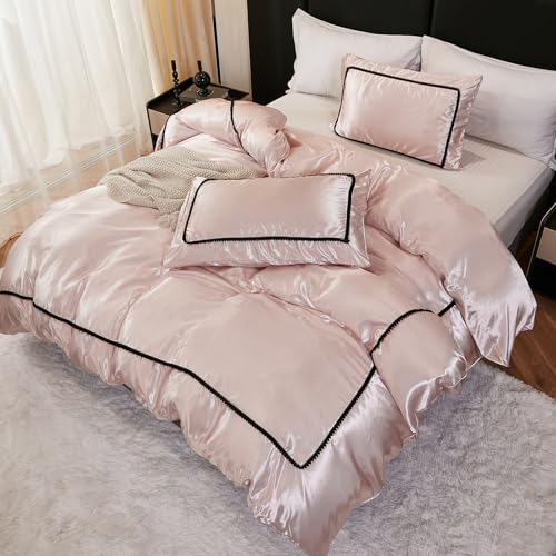 Herside Pink Mocha Satin Comforter Set 7 Pcs Full Size Bed in a Bag Luxury Satin Bedding Set with Comforter Pillowcases and Sheets Sets Mini Pompoms Design Super Soft Silky Bed Set for All Seasons Herside
