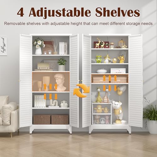 SteeLoong Kitchen Pantry Cabinet,75" Metal Storage Cabinet with Doors and 4 Adjustable Shelves,White Tall Locker Organizer Steel Garage Cabinets for Tool,File Cabinet for Office,Kitchen,Garage,School SteeLoong