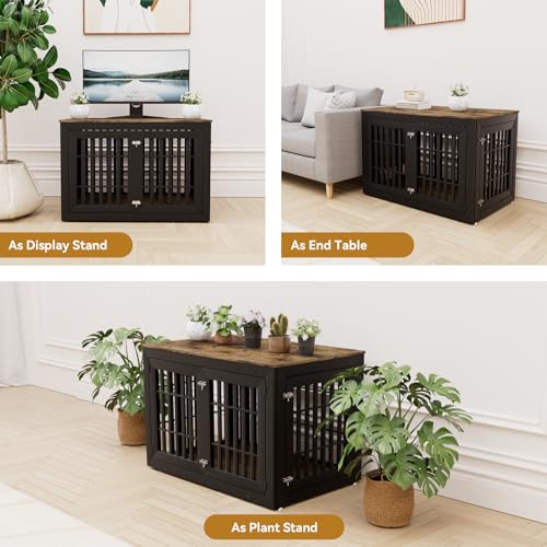 HMHTCT 48 Inch Heavy-Duty Dog Crate Furniture, Decorative Wooden End Table Kennel with Waterproof Top & Wide Metal Tubes, for Large & Extra Large Dogs, Black + Rustic Brown HMHTCT