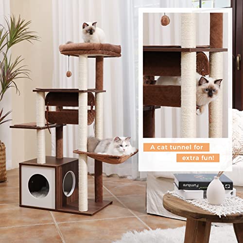 PEQULTI 51.4 Inches Modern Cat Tree Premium 6 Levels Wooden Cat Tower with Fully Sisal Covered Scratching Posts, Cozy Condo, Spacious Perch, Super Large Hammock and Swing Tunnel for Indoor Cats Brown PEQULTI