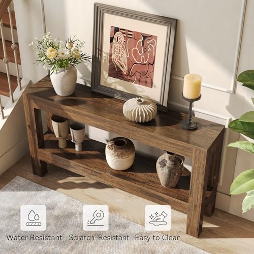 LITTLE TREE 63-Inch Narrow Long Entryway Table for Living Room, Farmhouse Wood Console Table for Sofa, Entry, Hallway, Entrance, Foyer, Behind Couch with 2-Tier Shelves, Brown LITTLE TREE